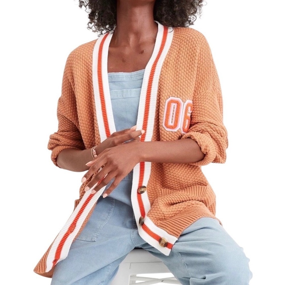 Aerie Rust Orange Knit Cardigan Varsity Style Patch XS Oversized Cotton‎